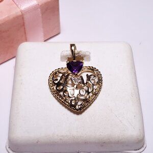 Estate .45ctw Natural Amethyst & Diamond LOVE YOU 10Kt Y/Gold Heart Pendant23440